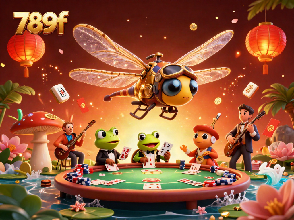 Engage in thrilling poker action at 789f with the dragonfly pilot and frog croupier as they deal cards.
