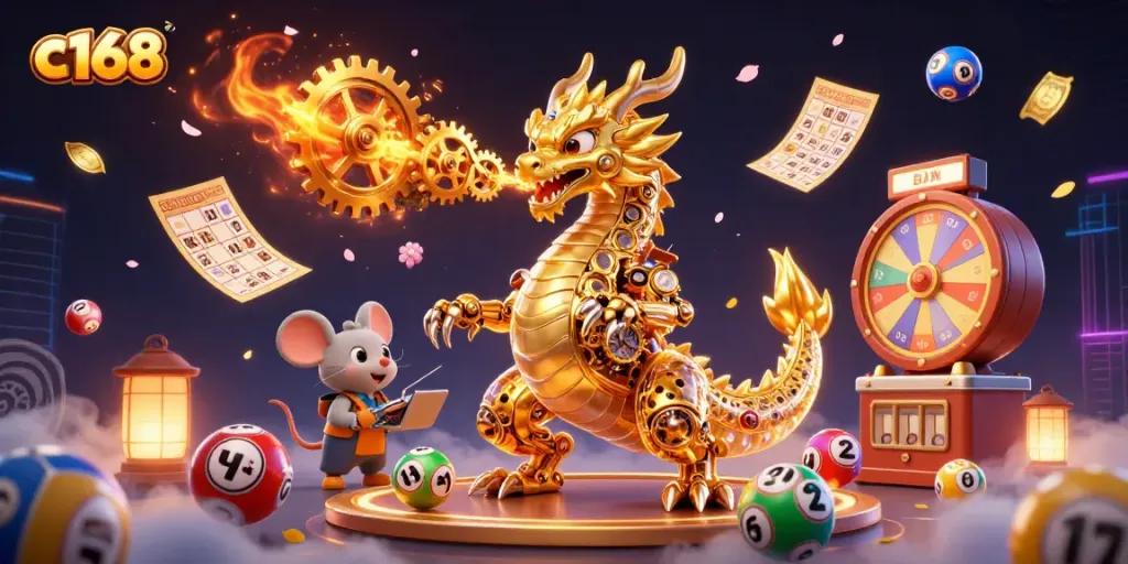 Experience thrilling odds with c168 and a golden dragon in a vibrant gambling scene.