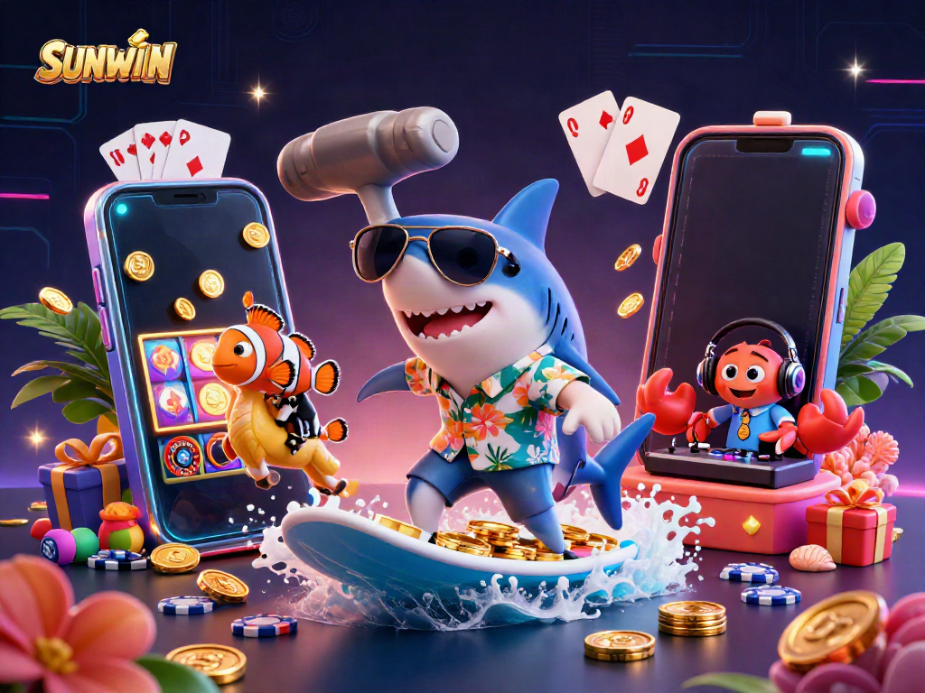 SUNWIN showcases a lively 3D casino scene featuring a surfing shark, seahorse, and DJ crab amid casino-themed elements.