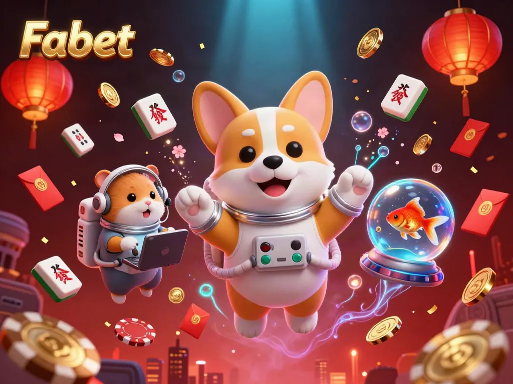 Experience Fabet gambling in a vibrant casino scene with characters, coins, and festive elements.