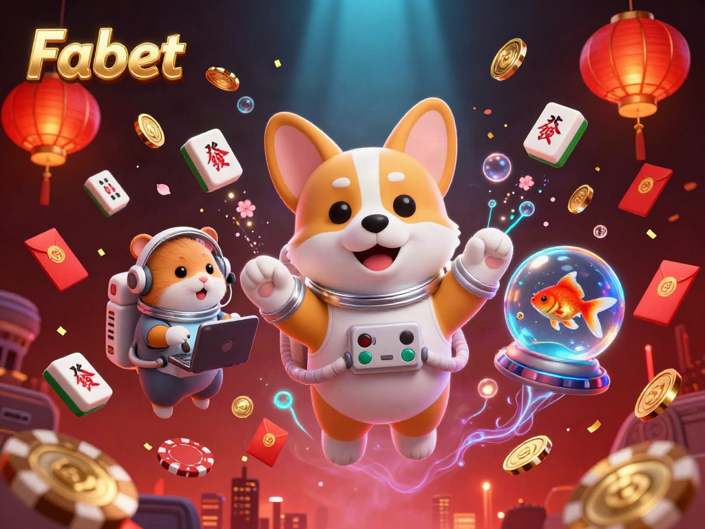Experience Fabet gambling in a vibrant casino scene with characters, coins, and festive elements.