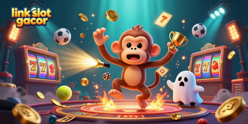 Melihat link slot gacor dengan desain kasino yang penuh warna mencolok dan elemen slot yang memikat.