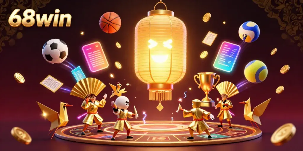 Experience the excitement of 68win with a vibrant casino scene featuring dynamic sports elements and golden characters.