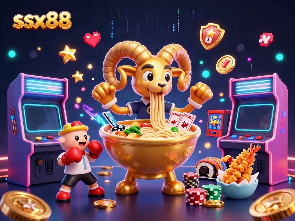 Join the fun with ssx88, a vibrant 3D scene of a ramen bowl dealer amidst casino elements.