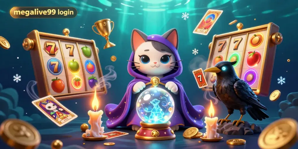 Mengakses megalive99 login dengan penyihir kucing dan burung gagak kartu tarot, dipenuhi elemen slot dan koin emas.