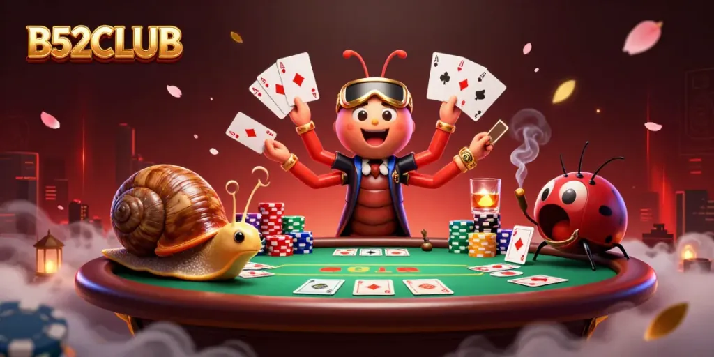 Experience thrilling gameplay at B52CLUB with a vibrant 3D casino scene featuring a millepede dealer and gaming elements.