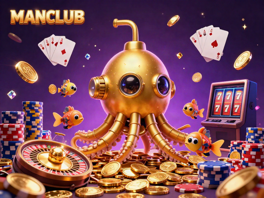 Experience the excitement of MANCLUB through play in an ultra-detailed casino illustration featuring a golden kraken and coins.