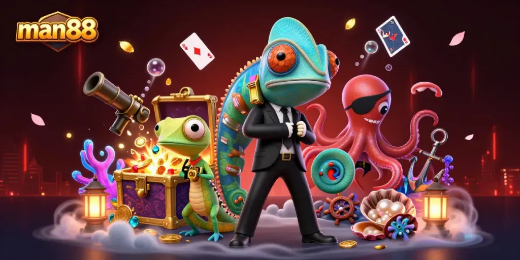 Experience the thrilling action at man88 with vibrant games, treasure, and dynamic characters in a casino setting.