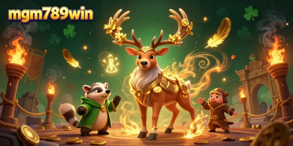 Experience mgm789win magic with a Celtic druid stag and a wise badger in a vibrant gaming arena.