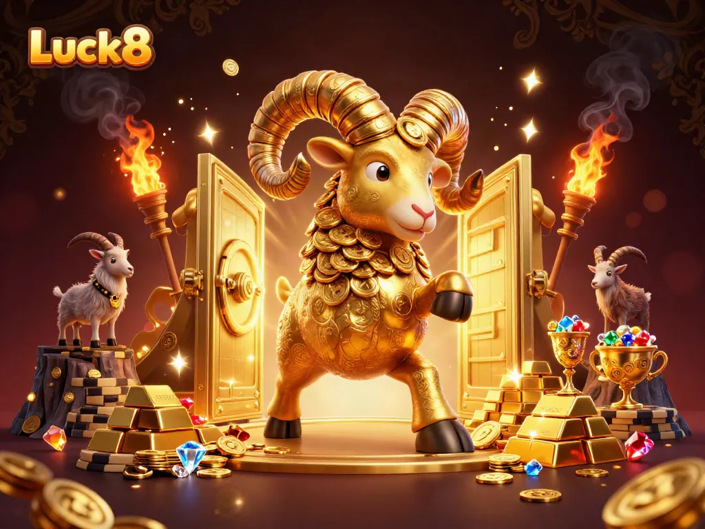 Luck8 showcases a golden ram charging through a treasure vault with dynamic casino elements.