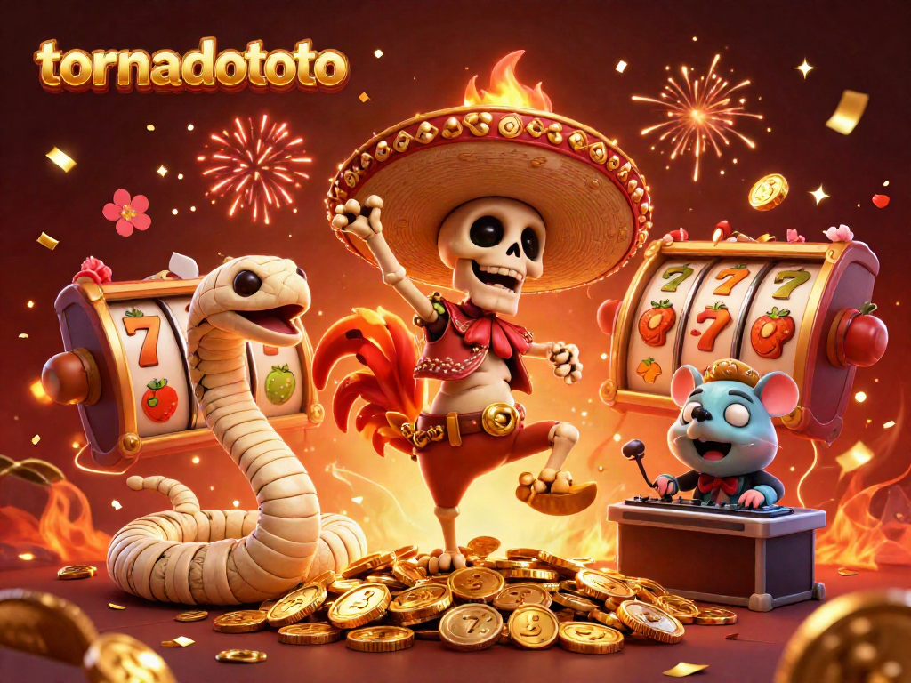 Engage with tornadototo's exciting slots and dynamic characters in a vibrant casino scene.