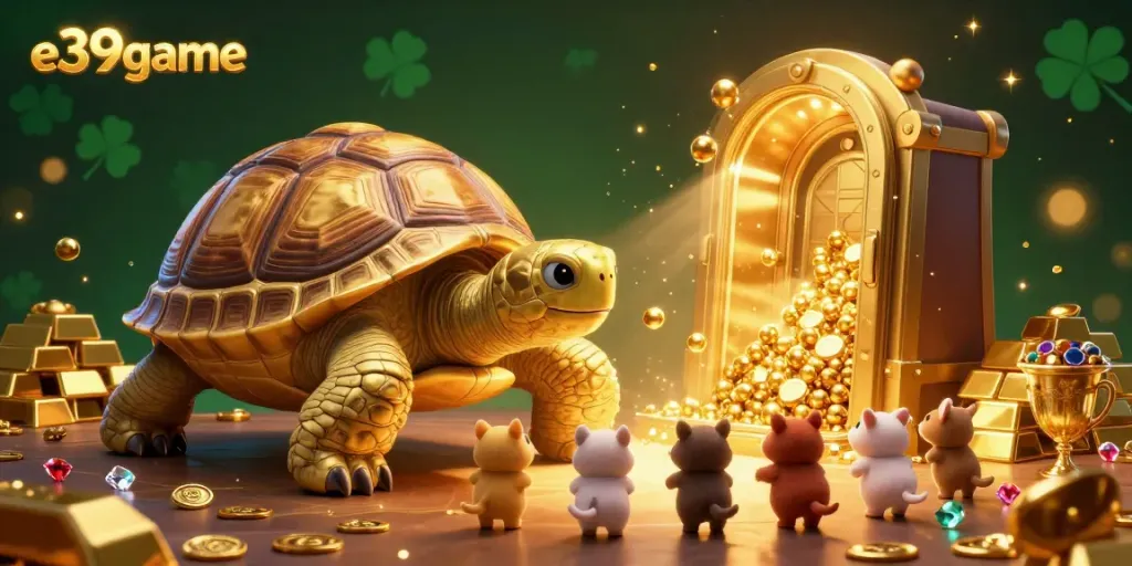Experience the excitement of e39game with a thrilling gambling scene featuring a golden tortoise pinball machine and treasure.
