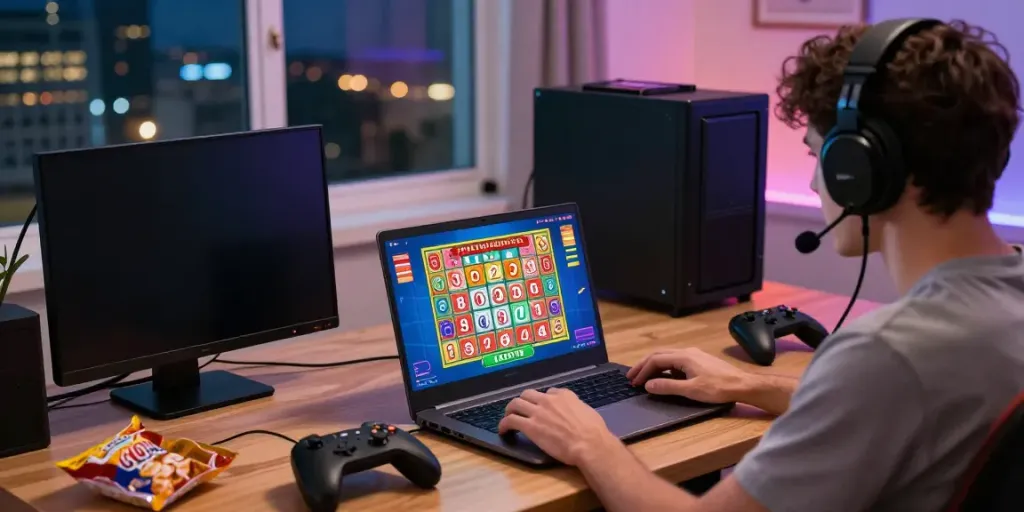 Engaged user exploring seributoto online lottery platform at home with colorful graphics.
