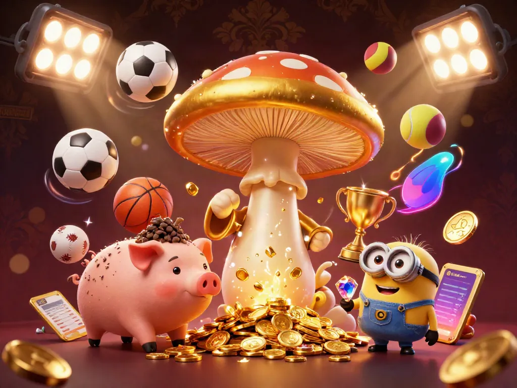 Winning at kenzototo with a golden mushroom wizard and vibrant sports elements, showcasing a rich gaming experience.