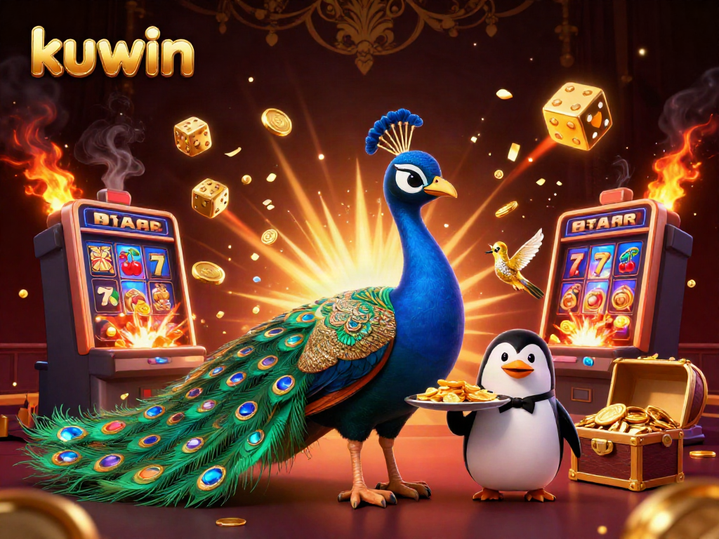 Kuwin enhances entertainment with a colorful illustration featuring a peacock, penguin, and hummingbird in a casino theme