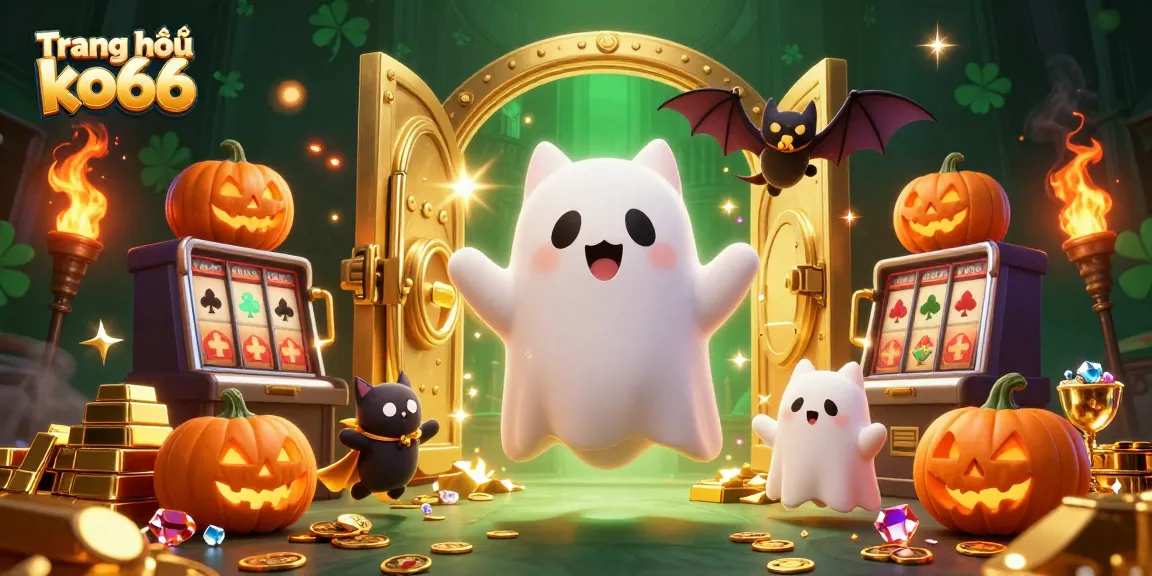 Engage with the enchanting Trang chủ ko66, showcasing a ghost cat in a lively casino surrounded by abundant treasures.