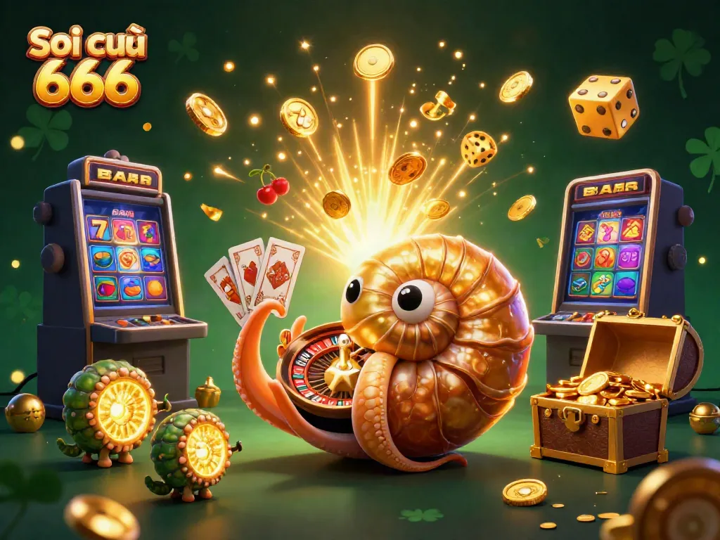 Engage with Soi cầu 666 in this vibrant 3D casino scene featuring a giant nautilus and dynamic game elements.