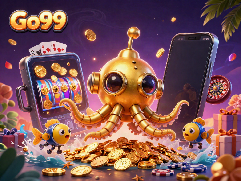 Engage with Go99's vibrant golden kraken submarine amidst a sea of casino elements for thrilling gaming.