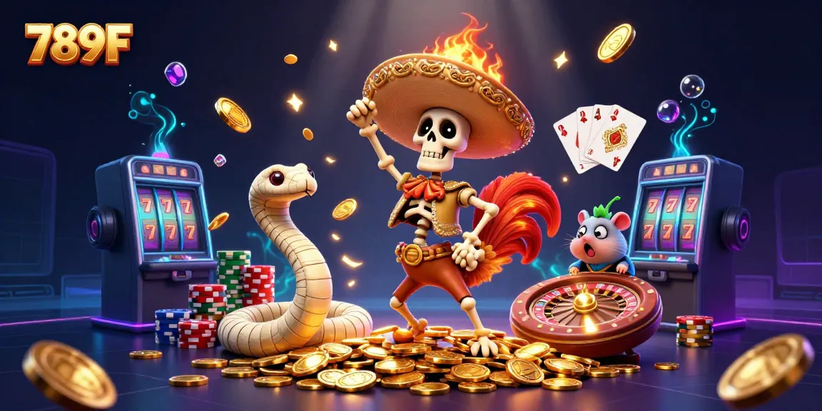 Experience the vibrant 789F casino world with a dancing mariachi rooster amid golden treasures.