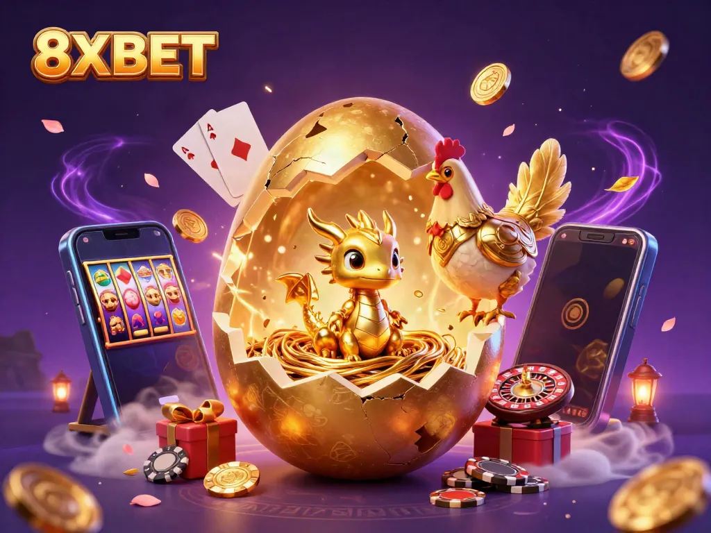 Experience the thrill of 8XBET casino with a golden dragon and poker chips, embodying excitement and rewards.