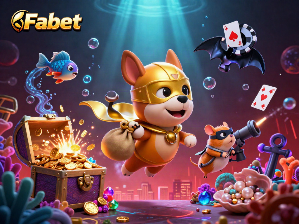 Experience thrilling action with the Fabet superhero dog soaring amidst dazzling casino gems and games.