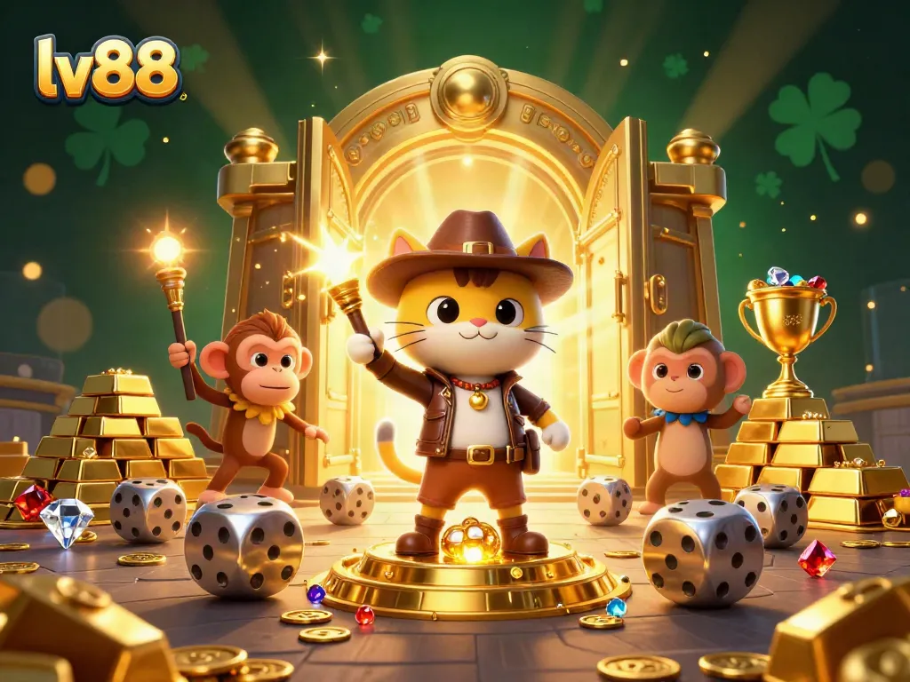Experience thrill at lv88 with a golden casino adventure featuring cartoon characters and treasure.