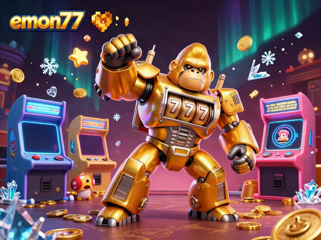 Experience the excitement of emon77 with a dynamic scene featuring a golden gorilla mech and vibrant casino elements.