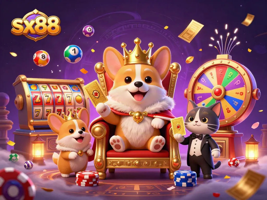 SX88-themed illustration showing a royal corgi on poker chips amidst slot reels, showcasing a lively casino atmosphere.