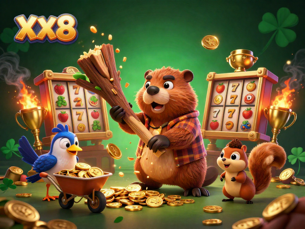 Experience the exciting XX8 casino world with a beaver, bird, and squirrel in a golden coin rain scene.
