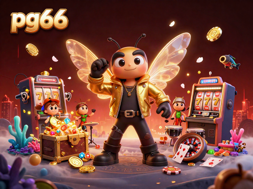 Experience the thrill at pg66 with our vibrant 3D casino scene showcasing dynamic characters and gaming action.