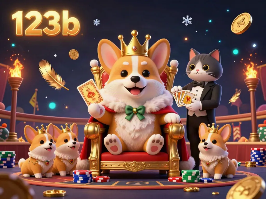 Engage in thrilling bets with 123b as a royal corgi throne scene filled with poker chips, golden coins, and festive decorations.