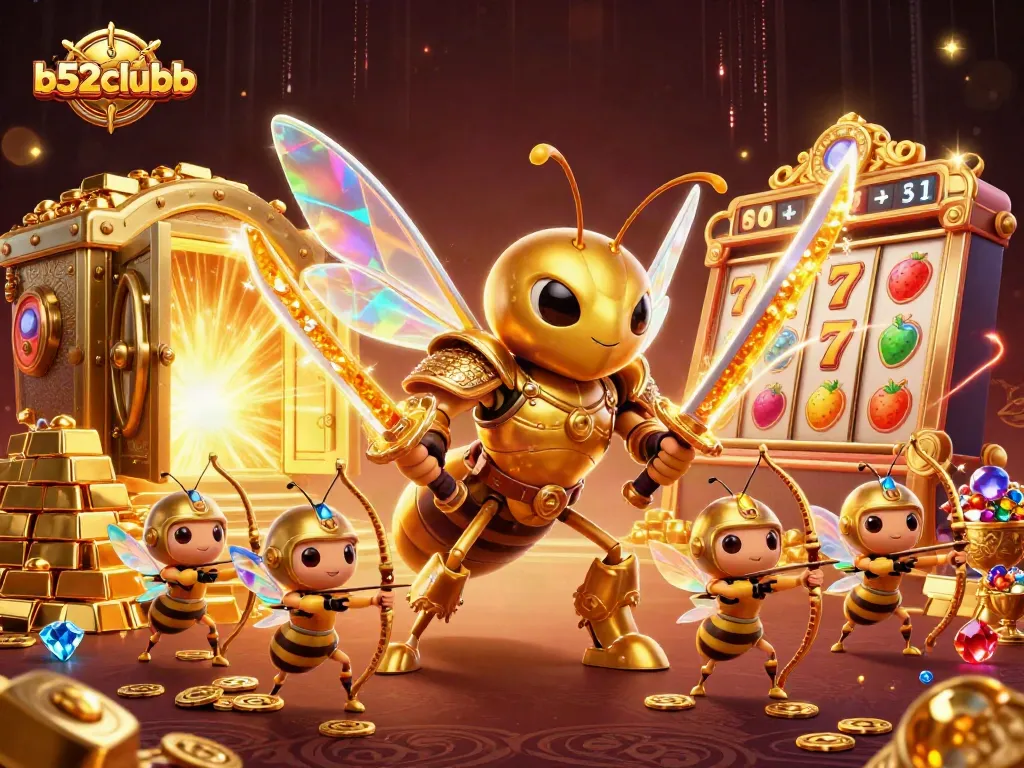 Experience b52clubb's vibrant slot action with golden characters and treasure amidst casino elements.