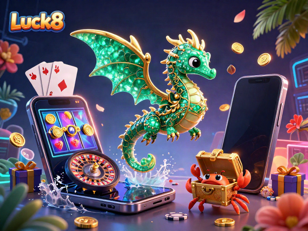 Experience the thrill of Luck8 with vibrant gaming elements and a majestic sea dragon in a captivating 3D illustration.