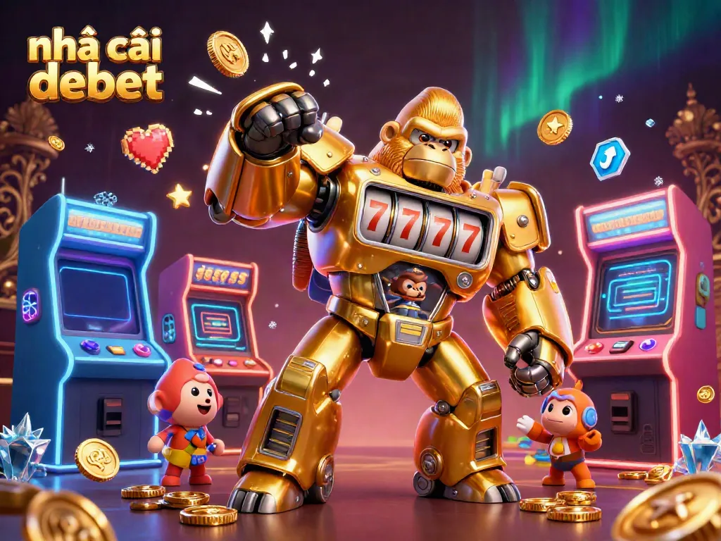 Engaging scene with nhà cái debet illustrated through a dynamic robot and casino elements.