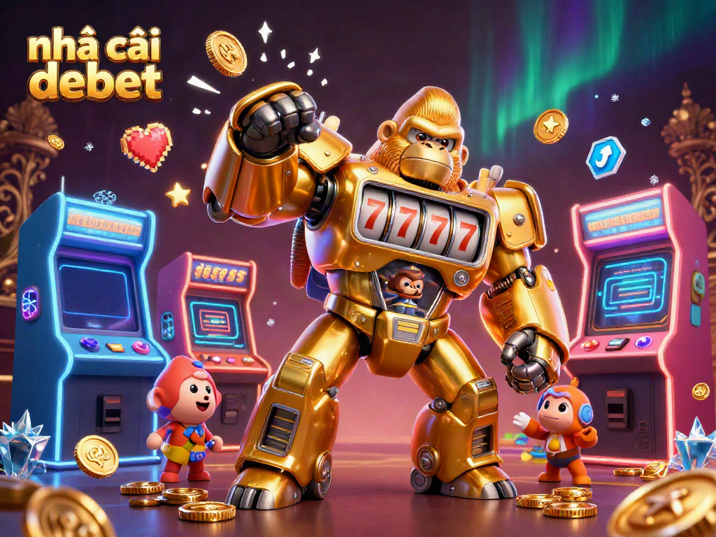 Engaging scene with nhà cái debet illustrated through a dynamic robot and casino elements.