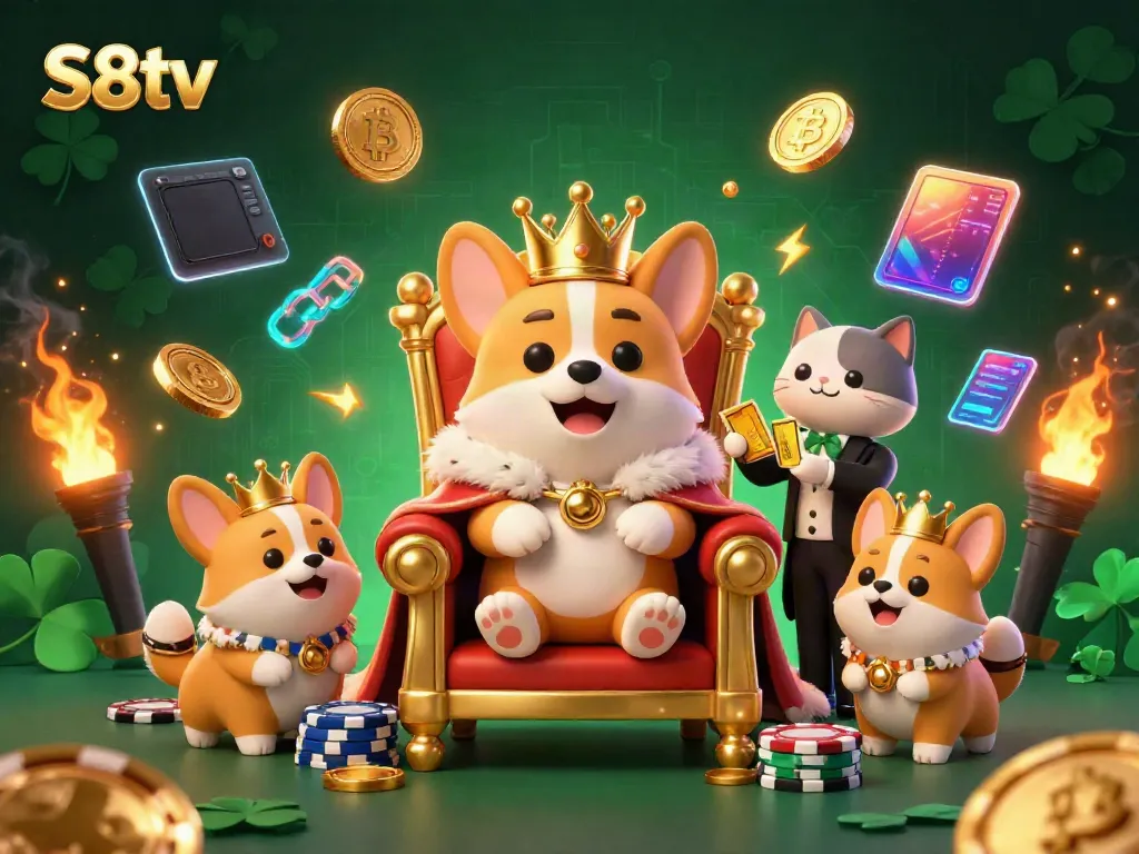 Experience the exciting world of S8tv with a royal corgi and its companions amidst crypto elements