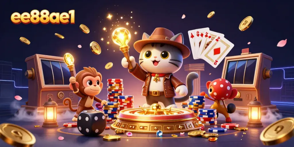 Engage with the thrilling action of ee88ae1, featuring a cartoon archaeologist cat discovering riches in a vibrant casino!