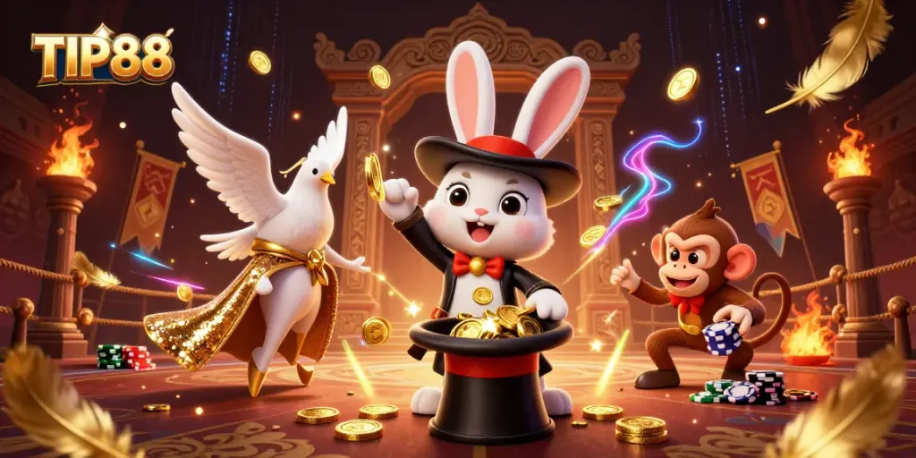 Experience thrilling gaming excitement with TIP88, featuring a 3D magician rabbit, a dove, and a monkey in a lively casino scene.