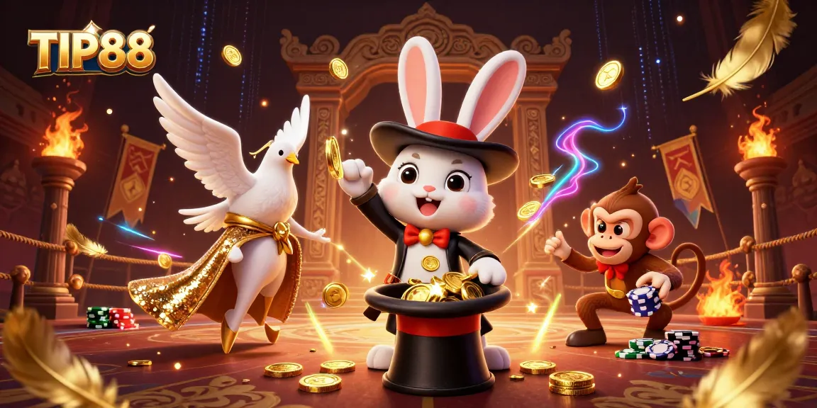 Experience thrilling gaming excitement with TIP88, featuring a 3D magician rabbit, a dove, and a monkey in a lively casino scene.
