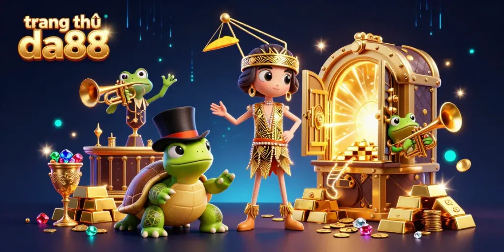 Spin and win at trang chủ da88 with dazzling gold treasures and vibrant casino characters.