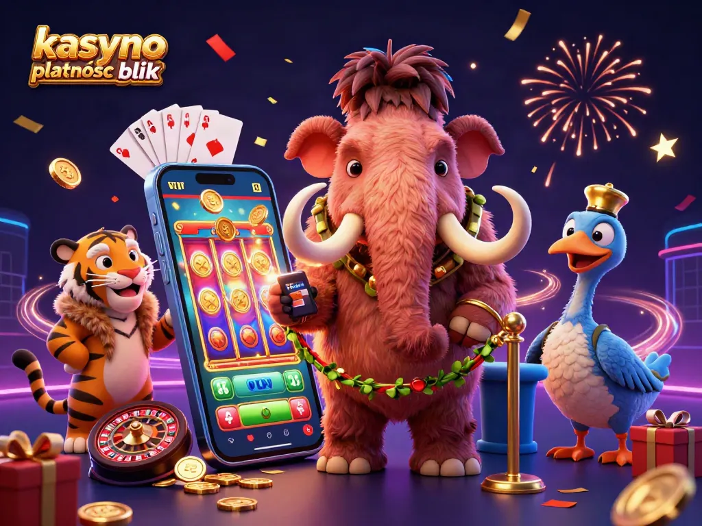Engage with kasyno online platnosc blik illustrated by a vibrant 3D scene of a bouncer mammoth and VIP guest.