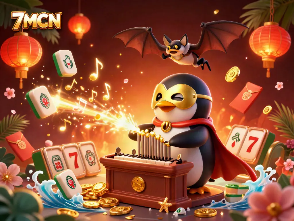 Engage with 7MCN as the phantom opera penguin plays an organ shooting coins, immersed in a captivating casino atmosphere.