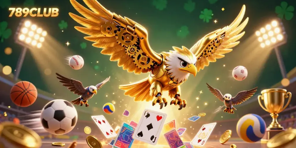 Experience the thrill of 789CLUB gaming with dynamic visuals showcasing sports balls and vibrant casino elements.