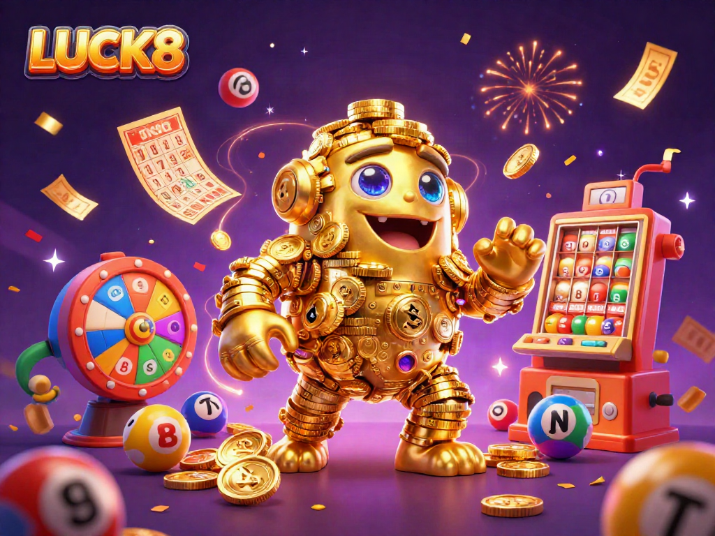 Engage with LUCK8's 3D casino scene showcasing vibrant games, magical energy, and festive graphics.