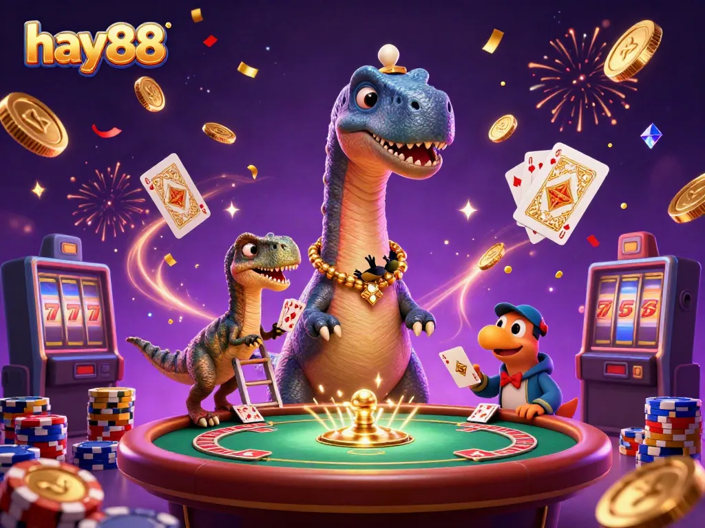Experience the excitement of hay88 with vibrant casino-themed 3D illustration featuring playful dinosaur characters.