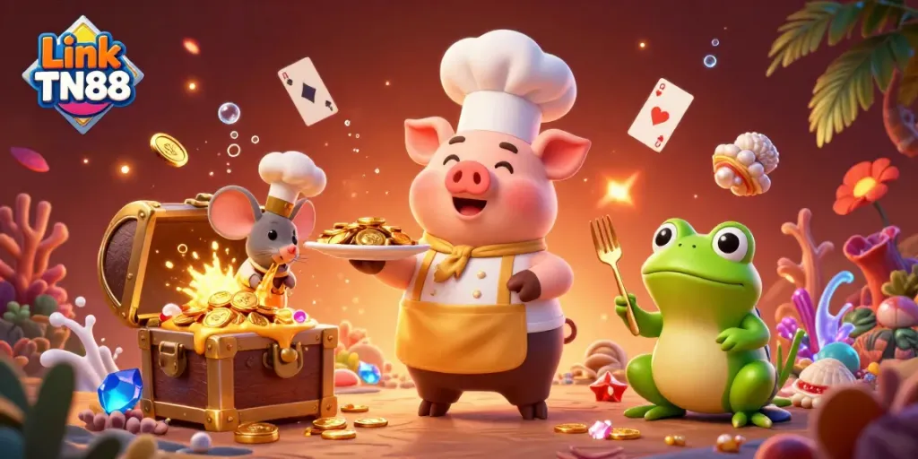 Experience the thrill of Link TN88 with gold coins and animated casino characters in a vibrant scene.