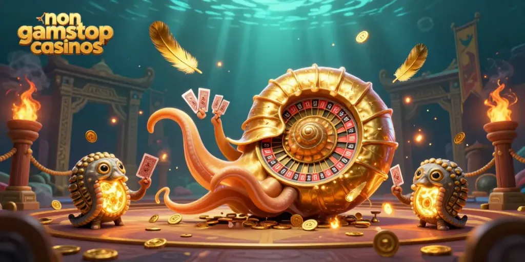 Engaging non gamstop casinos scene featuring a giant nautilus roulette wheel with glowing cards and game elements.