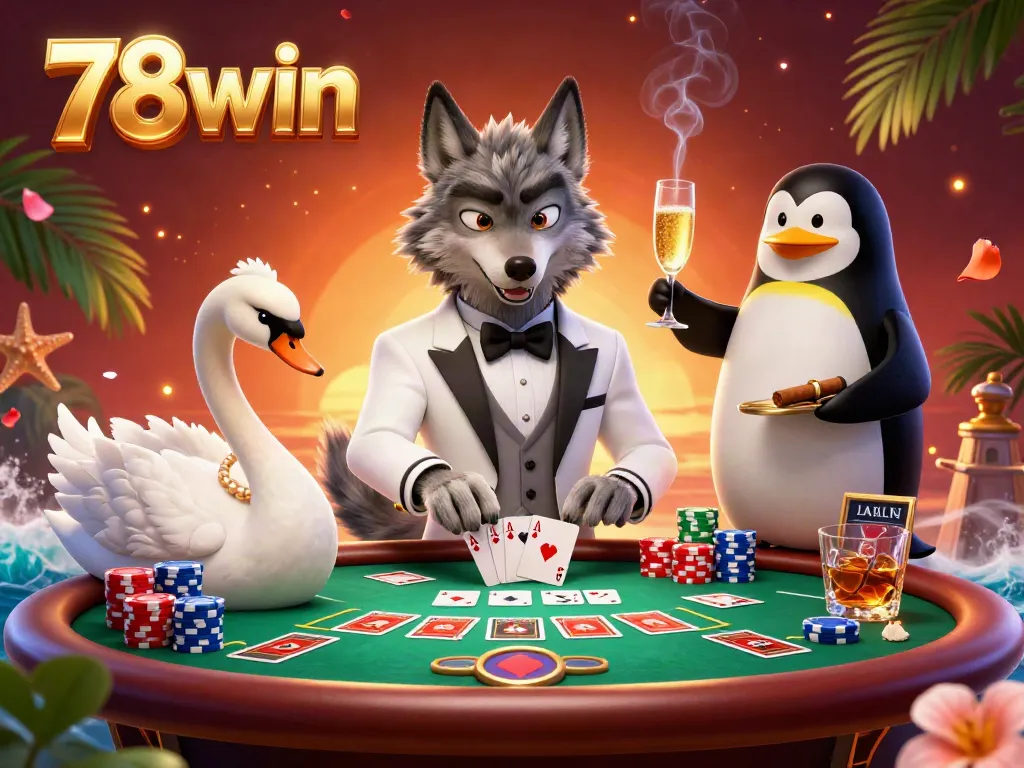 Experience thrilling baccarat with 78win's unique 3D casino scene featuring entertaining characters.