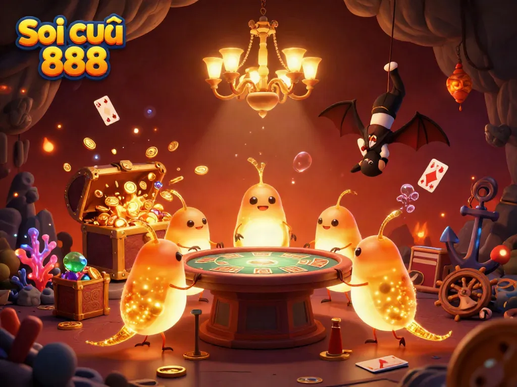 Soi cầu 888 casino scene with glowworms and bat dealer, highlighting vibrant gambling atmosphere.