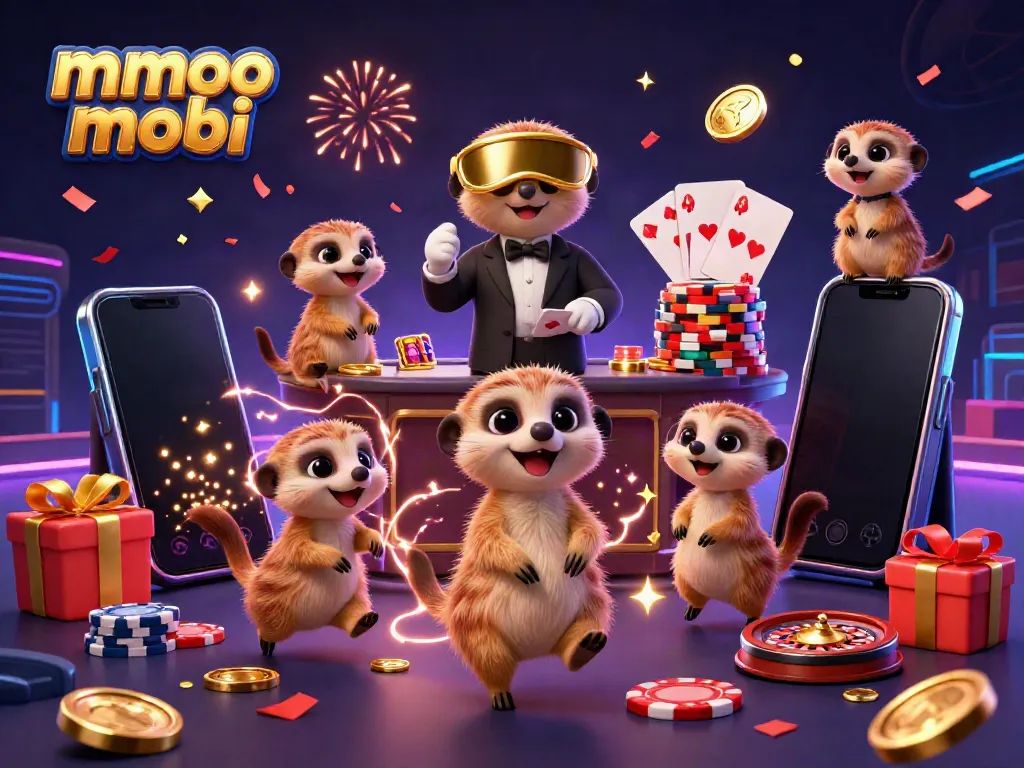 Engage with mmoo mobi in a vibrant 3D meerkat casino scene featuring playful gaming elements.
